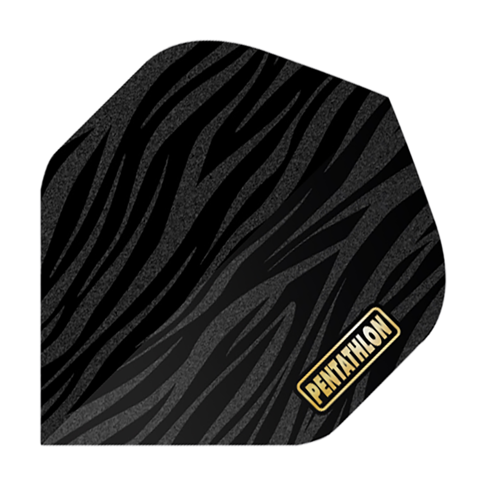 Das Bild zeigt ein Dartflight mit einem Zebra-Muster in Schwarz und Grau. In der unteren Ecke steht das Wort "Pentathlon" in gelber Schrift.